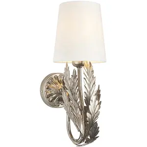 Ornate Silver Wall Light Fitting & Ivory Cotton Shade Decorative Leaf Design