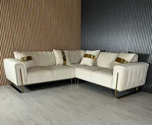 Genova Velvet Champagne Corner Sofa With Gold Metal Legs