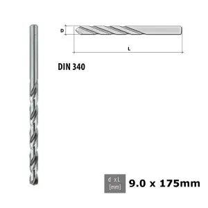 Quality Drill Bit For Metal - Fully Ground Polished HSS DIN 340 Silver - Diameter 9.0mm - Length 175mm