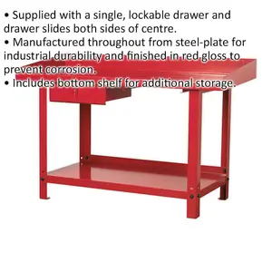 Durable 1.5m Steel Workbench with Lockable Drawer and Shelf Storage