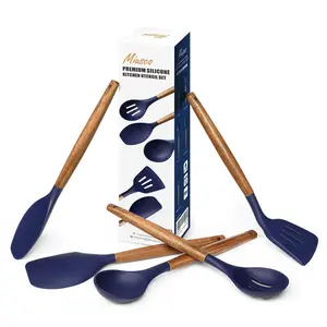 Non-Stick Cooking Utensils, Silicone Kitchen Utensils Set With Natural Acacia Hard Wood Handle, 5 Piece, Black, BPA Free, Baking & Serving Wooden Cooking Spoon Midnight Blue