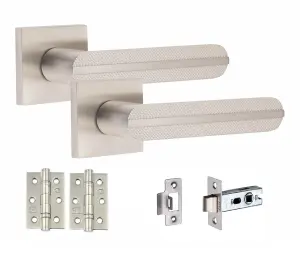 5 Pair Modern Lima Design Satin Nickel Premium Door Handles Square Rose 3" Ball Bearing Hinges and Tubular Latch - Golden Grace