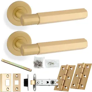 Door Handle & Latch Pack - Satin Brass - Industrial Hex Lever On Round Rose