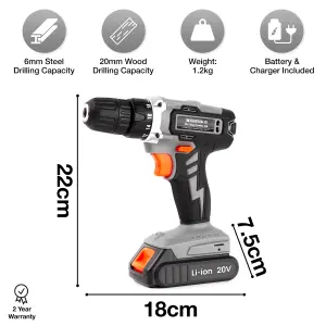 Terratek 20V Orange Cordless Combi Drill Driver and 13 Piece Bit Set