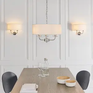 Anson Lighting Eureka 3lt Pendant light finished Bright nickel plate and vintage white fabric