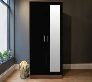 REFLECT 2 Door Mirrored Wardrobe in Gloss Black Door Fronts and Walnut Carcass