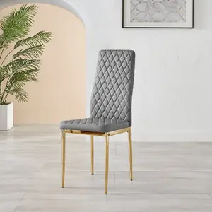 Set of 6 Milan Elephant Grey High Back Soft Touch Diamond Pattern Faux Leather Golden Chrome Metal Leg Dining Chairs