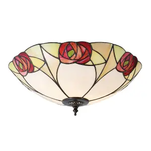 Tiffany Glass Flush Ceiling Light - Mackintosh Style Rose - Dark Bronze Finish