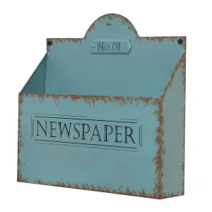 Wall Mounted Newspaper Basket Distressed Effect Blue Recycled Cast Iron Magazine Storage Basket