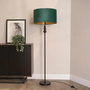 ValueLights Marissa Black Stacked Ball Floor Lamp with Forest Green Velvet with Gold Inner Lamp Shade and Bulb