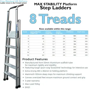 1.9m MAX STABILITY Platform Step Ladders - 8 Tread Anti-Slip Aluminium DIY Steps