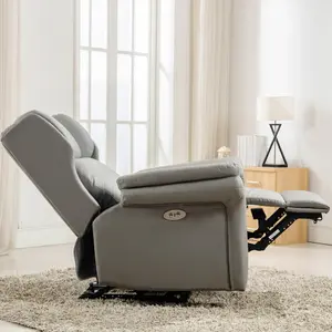 Electric Powered Recliner Chair With Wingback Design And USB Charger Port In Grey Bonded Leather