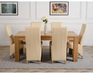 Dakota 182 x 92 cm Chunky Oak Large Dining Table and 6 Chairs Dining Set with Lola Ivory Leather Chairs