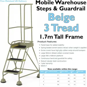 3 Tread Mobile Warehouse Steps & Guardrail BEIGE 1.7m Portable Safety Stairs