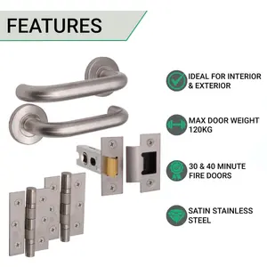 AFIT Satin Stainless Steel Return To Door Lever on Rose Handle Latch Kit - 76mm Hinges 66mm Latch