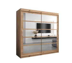 Charming Oak Artisan Sliding Door Wardrobe H2000mm W2000mm D620mm with Mirrored Panels and Silver Handles