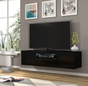 Aura Modern TV Cabinet 150cm in Black Gloss with Blue LED Lighting - W1500mm x H36-420mm x D370mm