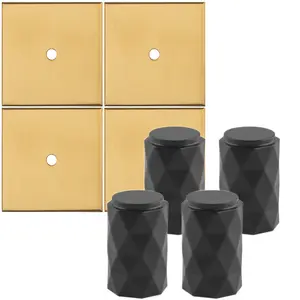 4 PACK - Cabinet Door Knob & Contrasting Backplate Set - Diamond Kitchen Pull - Matt Black & Satin Brass