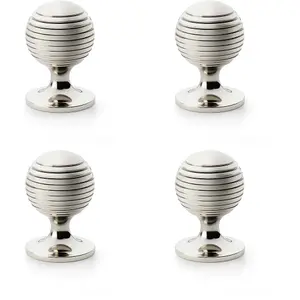 4 PACK - Reeded Ball Door Knob - 38mm Diameter Polished Nickel Lined Cupboard Pull Handle