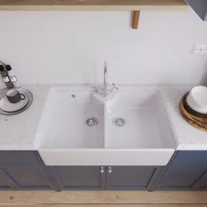 895mm - Double Bowl Fireclay Butler Kitchen Sink - Overflow,  Mixer Tap  & Waste