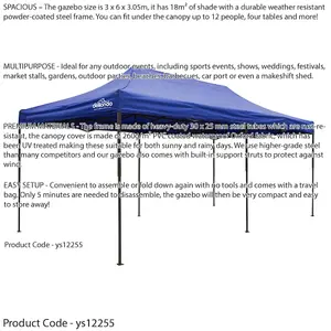 Durable 3x6m Blue Pop-Up Gazebo with Heavy Duty Frame for Outdoor Events