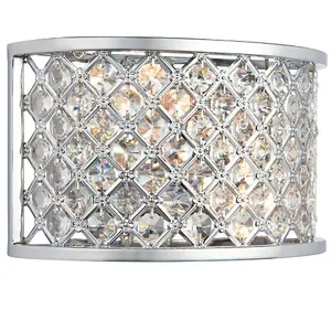 Crystal Cage Wall Light Chrome Glass Shade Modern Twin Bulb Lounge Lamp Fitting