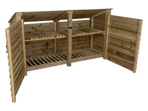 Wooden log store (roof sloping back) with door and kindling shelf W-227cm, H-126cm, D-88cm - natural (light green) finish