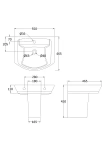 Spirit Square Ceramic Basin and Semi Pedestal, 550mm - Balterley