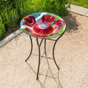 Glass Bird Bath Solar Powered LED Garden Outdoor Decoration Metal Stand Poppy Christow