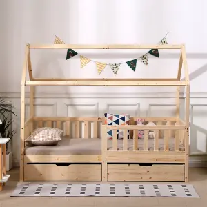 FurnitureHMD Wooden Kids Bed Frame,Solid Pine Wood,3 FT Single House Bed Frame,Chidren Floor Bed with Two Drawers