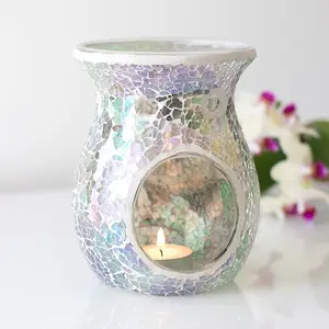 Light Blue Iridescent Glass Flared Oil, Wax Melt Burner. Mirrored Crackle Effect. H14 cm