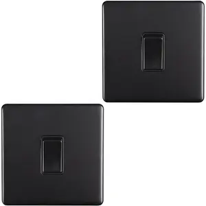 2 PACK 1 Gang Single Light Switch SCREWLESS MATT BLACK 2 Way 10A Slim Rocker