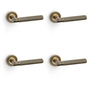 4 PACK - SOLID BRASS Reeded Door Handle Set - Antique Brass Straight Lever on Round Rose