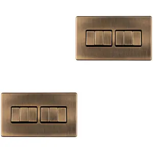 2 PACK 6 Gang Multi Light Switch SCREWLESS ANTIQUE BRASS 2 Way 10A Slim Rocker