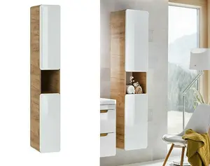 Tall Bathroom Cabinet Tallboy Wall Hung Slim Storage Unit White Gloss Oak Aruba