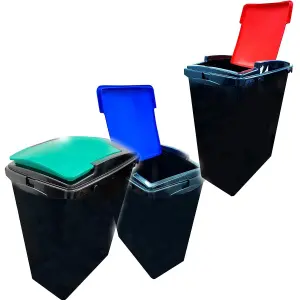 Set of 3 - Blue Green & Red Lid 40 Litre Black Plastic Recycling Bins With Colour Coded Swing Lids