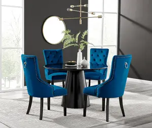 Furniturebox UK Palma Black Semi-Gloss Round Pedestal Dining Table & 4 Blue Velvet Belgravia Black Leg Chairs