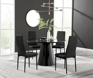 Furniturebox UK Palma Black Semi Gloss Round Pedestal Dining Table & 4 Black Faux Leather Milan Black Leg Chairs