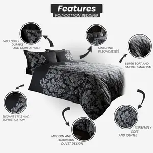 Kern Cotton Blend Damask Duvet Cover Set with Pillowcases Black / Super King - 2 Standard Pillowcases