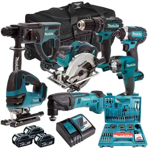 Makita 18V 7 Piece Power Tool Kit with 3 x 5.0Ah Battery Charger Bag & 100 Piece Bit Set T4TKIT-610