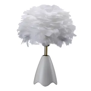 White Chic LED Feather Bedroom Bedside Table Lamp with Ceramic Base 30cm x 40cm