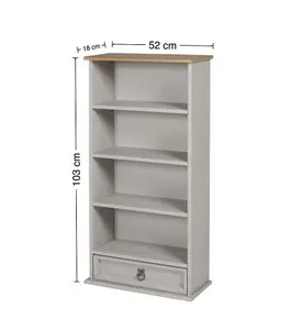 Mercers Furniture Corona Grey Wax 1 Drawer Media Rack DVD Small Bookcase 4 Shelf Display Storage Unit Solid Pine Mexican Styling