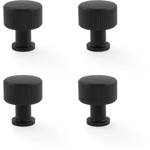 4 PACK - Round Reeded Door Knob - 29mm Diameter Matt Black Lined Cupboard Pull Handle