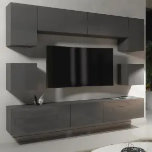 Panorama Wall TV Unit Dark Grey with High Gloss Doors and LED Lighting - Creative Furniture