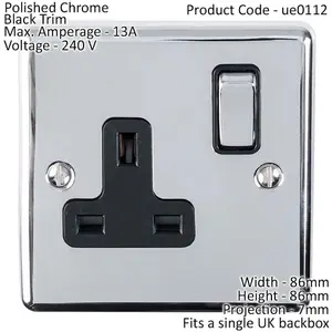 1 Gang Single UK Plug Socket POLISHED CHROME & Black 13A Switched Power Outlet