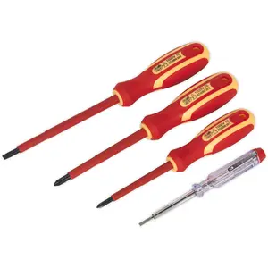 4 PACK VDE Screwdriver & Mains Tester Set - 1000V Shock Proof Insulated Shafts