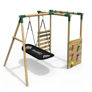 Rebo Wooden Children's Garden Swing Set with Monkey Bars - Single Boat Swing - Green