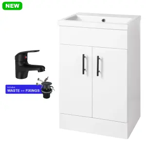 600mm Bathroom Vanity Unit White Cloakroom Basin Sink Cabinet & Black Tap Set