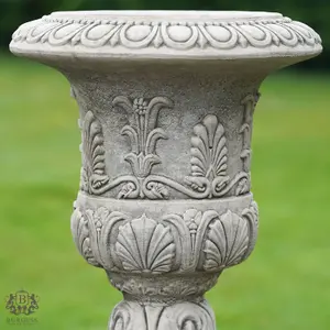 Pair of Classical Urns + Plinths Stone Planters British made Garden Ornament