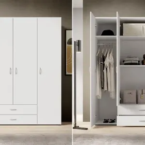 Elegant Stella Trading BASE Hinged Door Wardrobe W1600mm H1770mm D520mm - White Matt, Spacious Storage, Classic Design